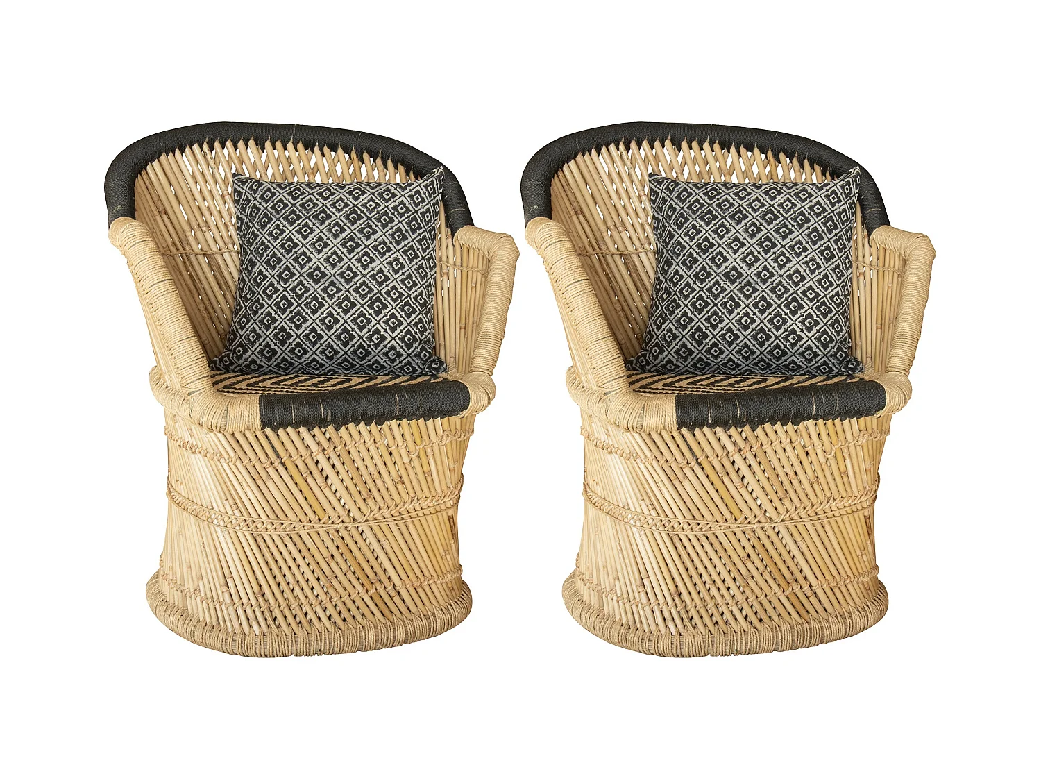 Now's Home - Lot De 2 Fauteuils En Bambou Naturel Et Noir Avec Deux Coussins Noirs
