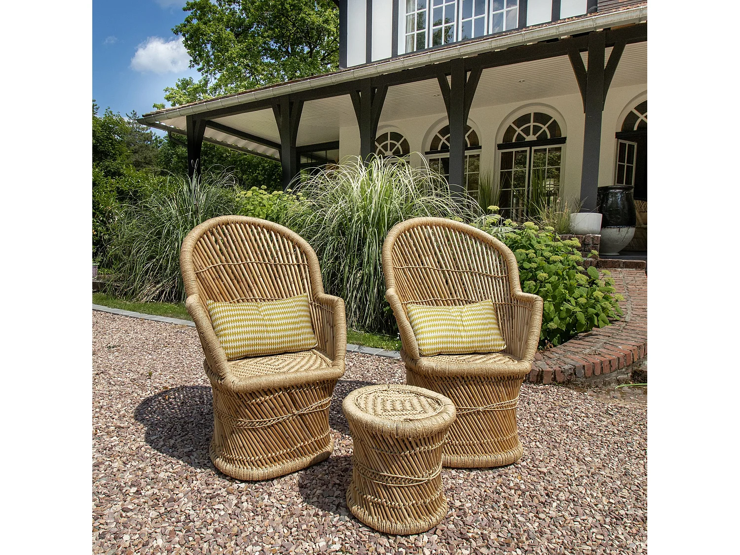 Now's Home - Lot De 2 Fauteuils En Bambou Naturel Avec Deux Coussins Beiges