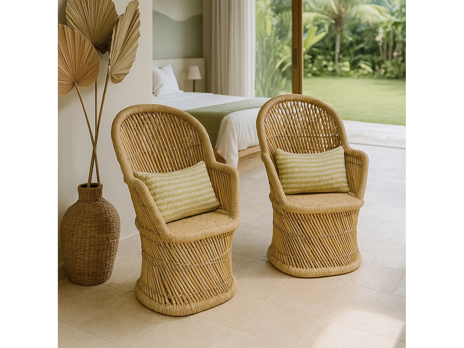 Now's Home - Lot De 2 Fauteuils En Bambou Naturel Avec Deux Coussins Beiges