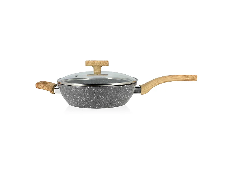 Menastyl - Sauteuse Cannelle 24cm Avec Couvercle En Verre Et Poignees Bois Clair