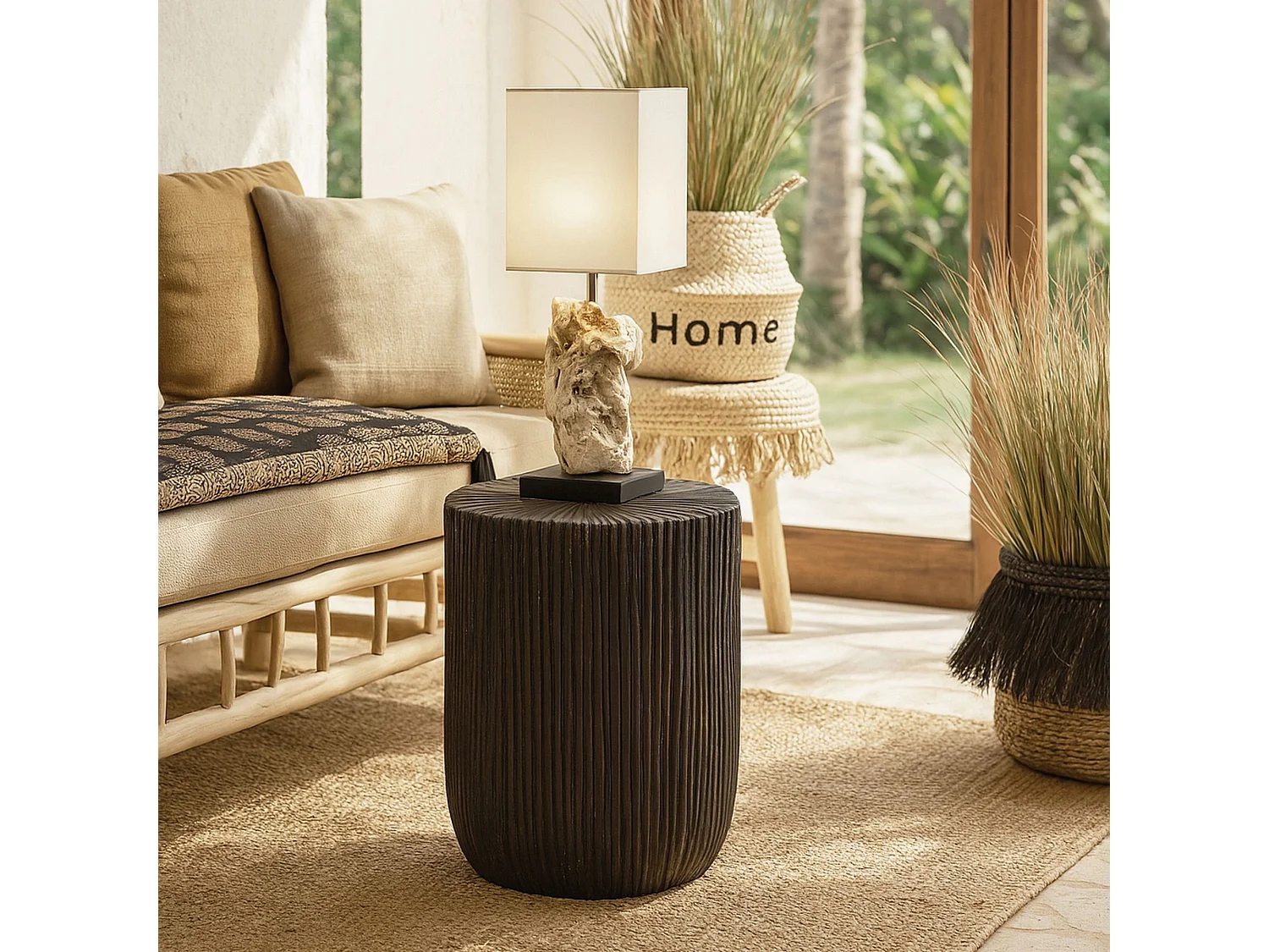 Now's Home - Meuble D'appoint En Bois Et Feuilles De Cocotier ø33cm Et H43cm -tupai