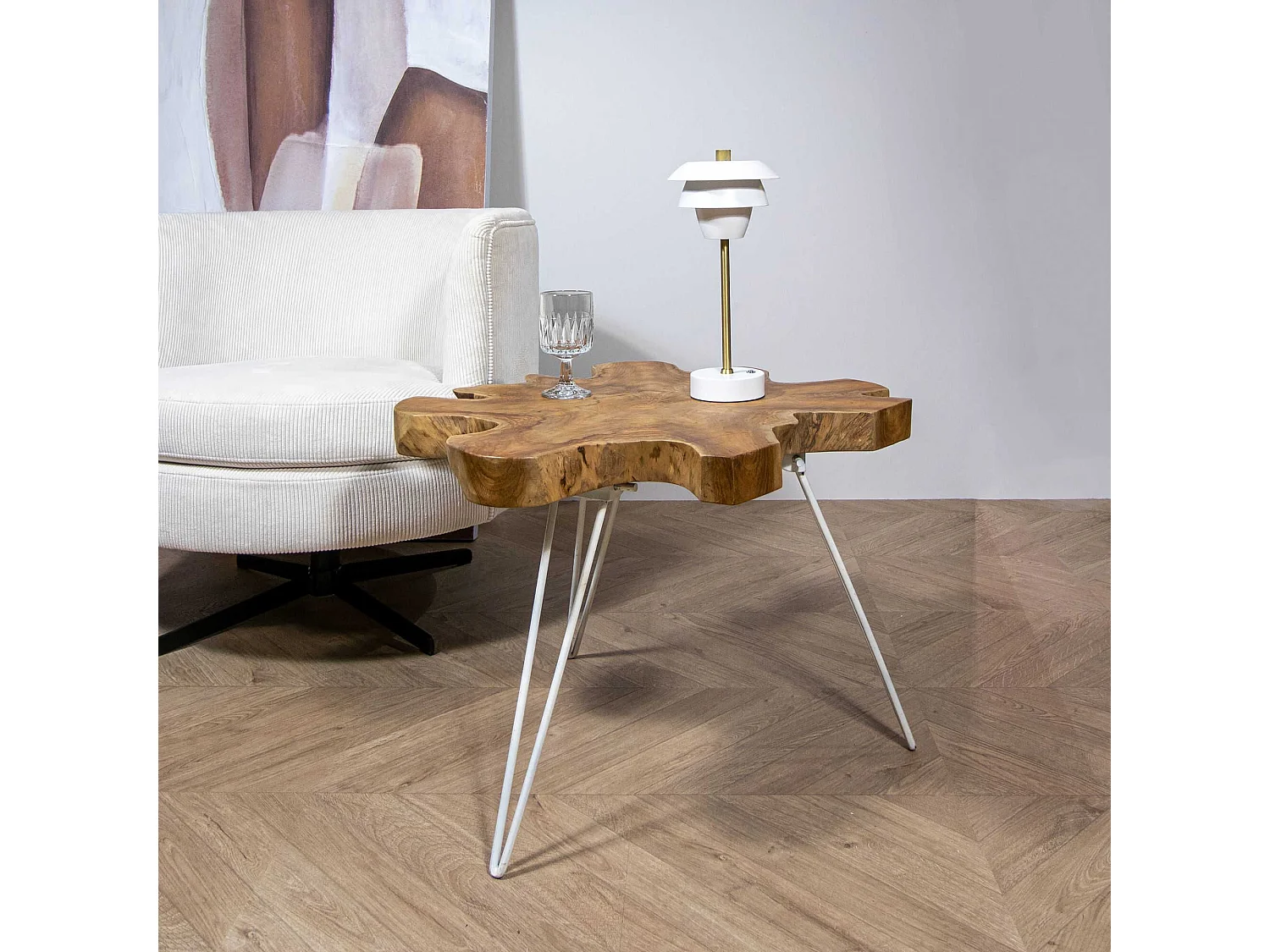 Now's Home - Table D'appoint En Teck Pied En Aluminium Blanc 70x60xh46cm Kuta