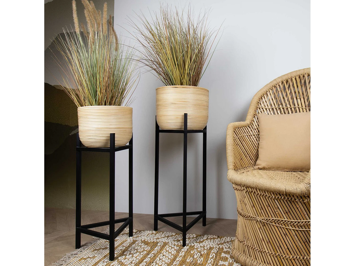 Now's Home - Cache Pot Medium - Rotin - Pieds Metal Noir 30 X 32 X 66/78 Cm Lima