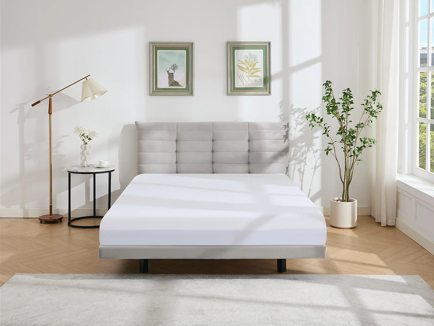 Cama 140x190 cm com cabeceira capitonê veludo cinza - NISATIO