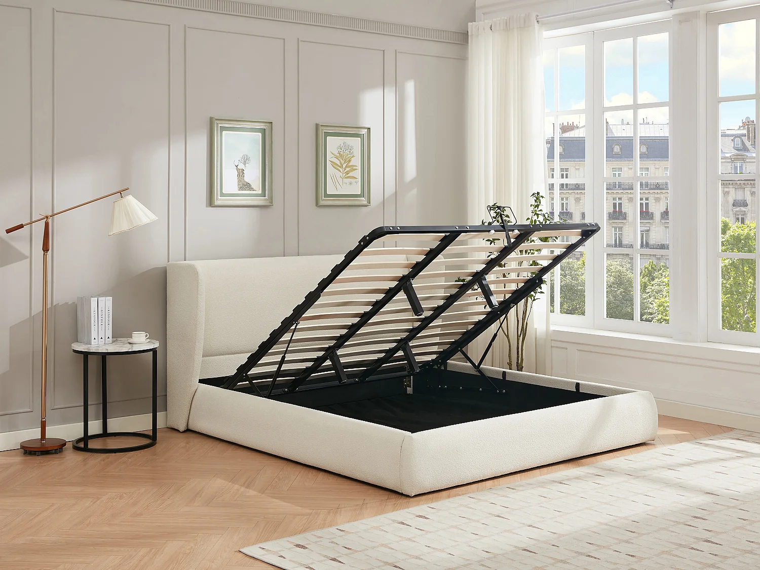 Lit coffre 140 x 190 cm - Tissu bouclette - Crème - CORTAGA