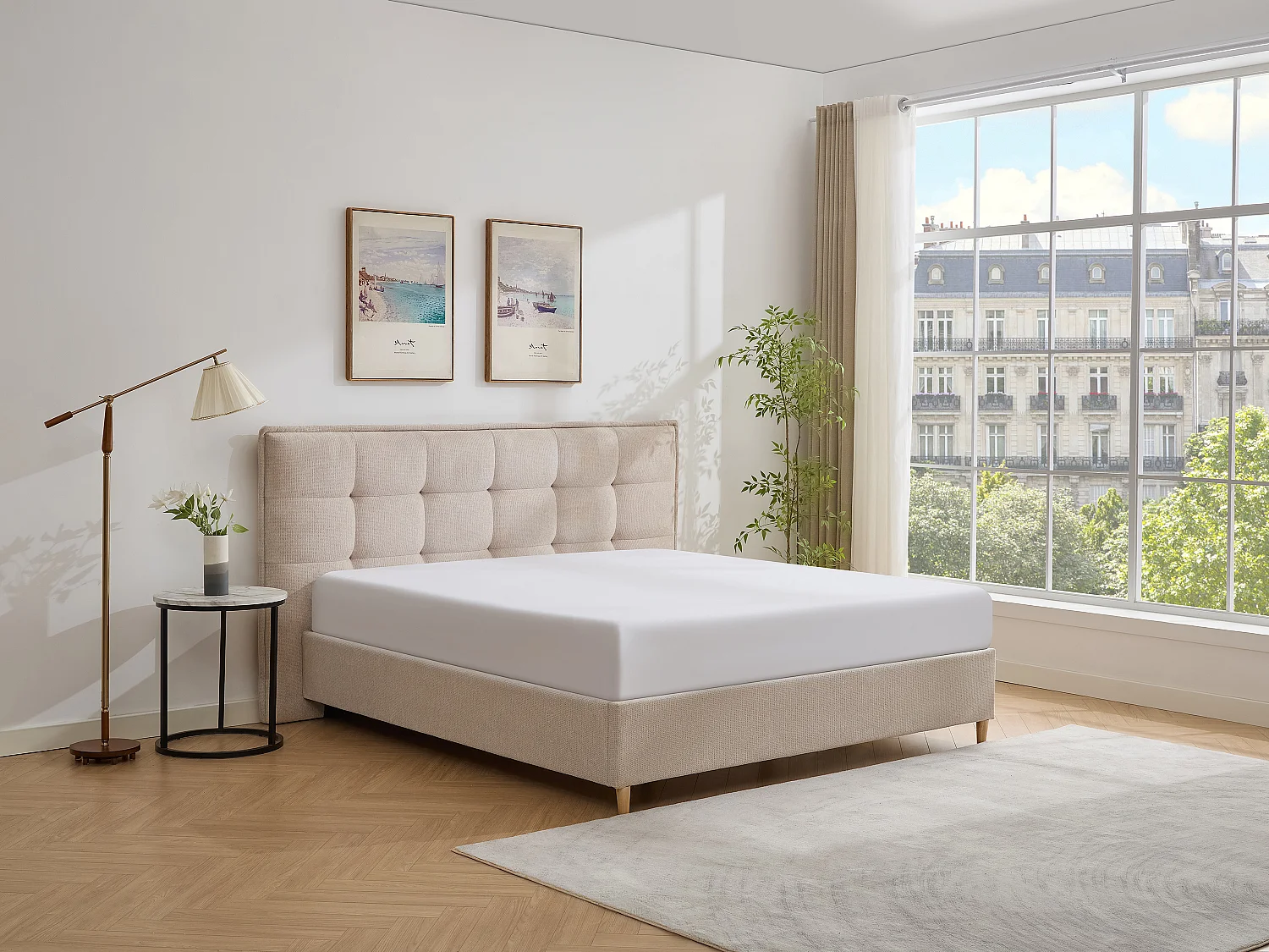 Lit 140 x 190 cm avec tête de lit capitonnée - Tissu - Beige - NIRPIO