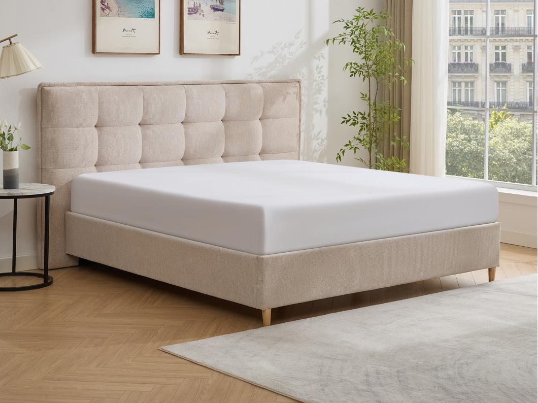 Lit 140 x 190 cm avec tête de lit capitonnée - Tissu - Beige - NIRPIO
