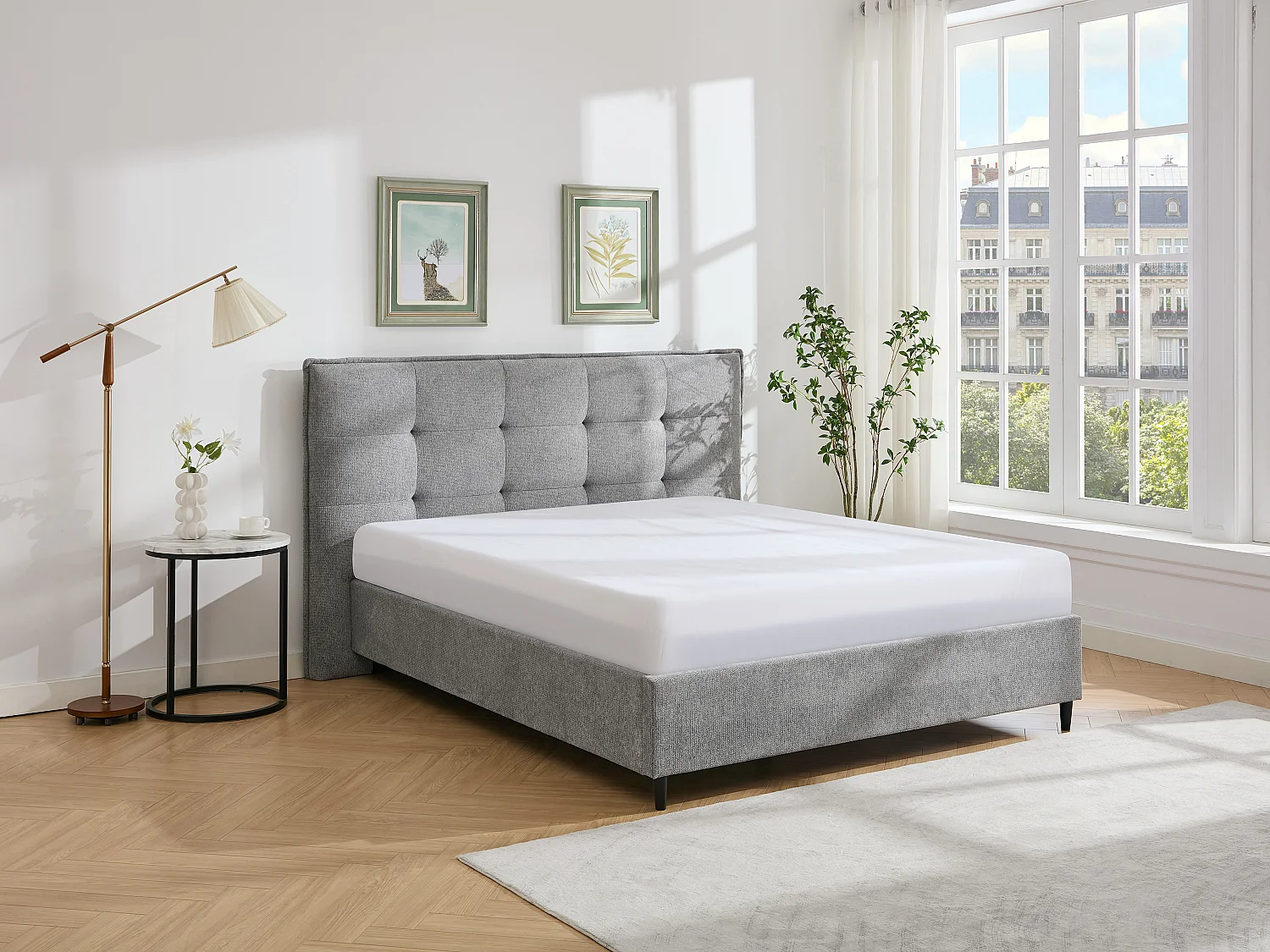 Lit 140 x 190 cm avec tête de lit capitonnée - Tissu - Gris - NIRPIO