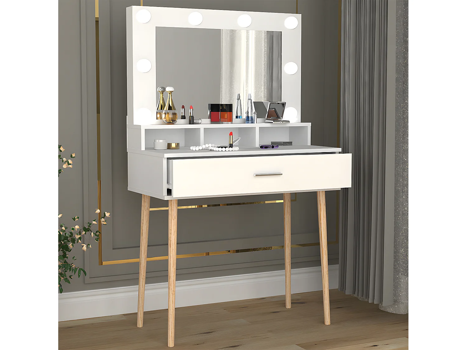 VCM Coiffeuse Coiffeur miroir Lindas (Blanc)