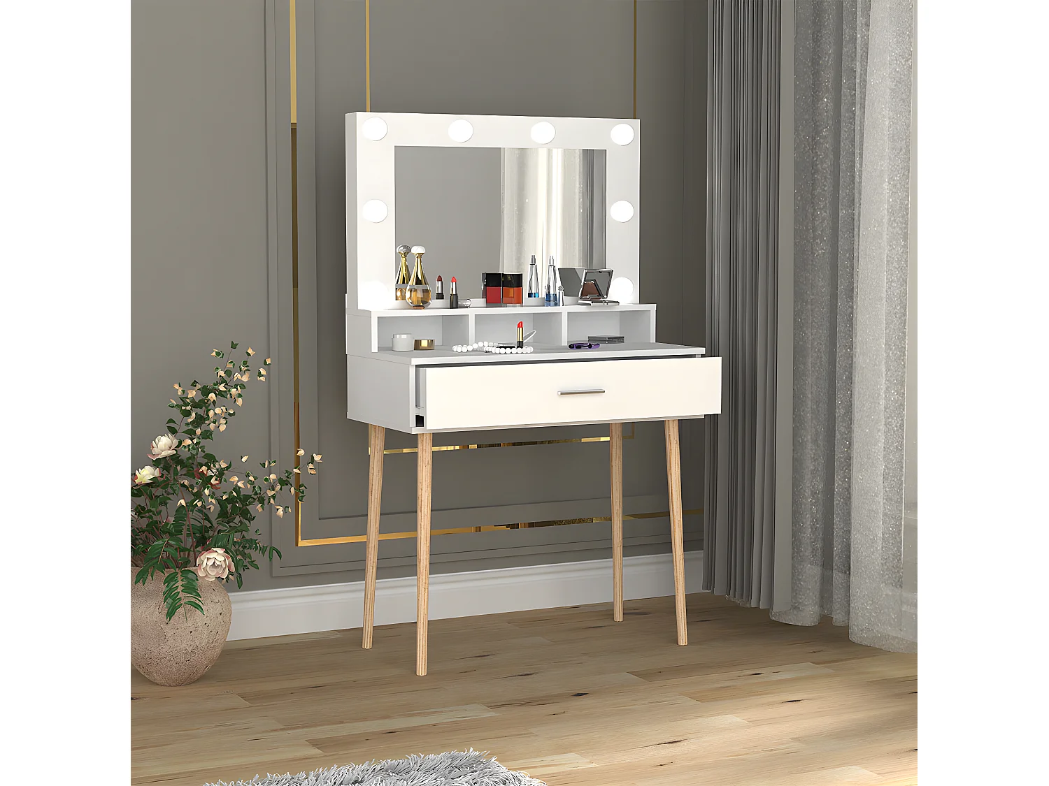 VCM Coiffeuse Coiffeur miroir Lindas (Blanc)