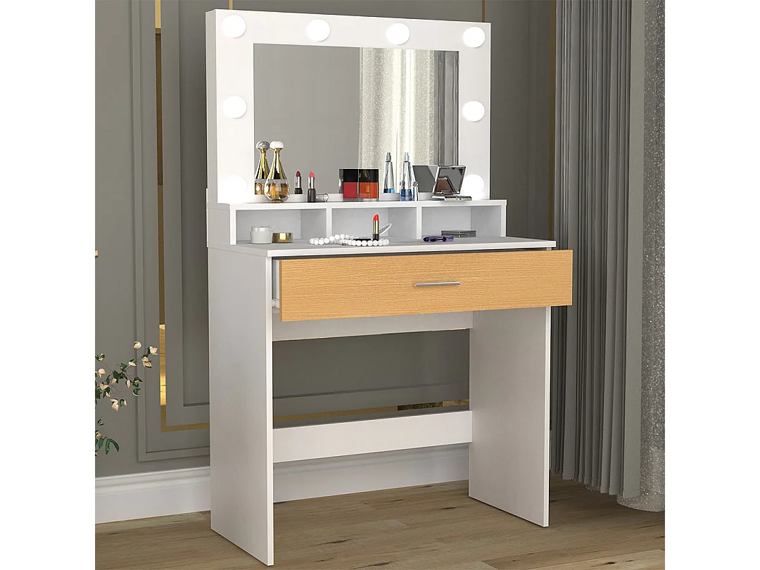 VCM Hairdressing Table | Dimensões aprox. A. 133 x L. 80 x P. 40 cm | Mesa de maquiagem com gaveta e espelho – Kosmal (carvalho branco / mel)