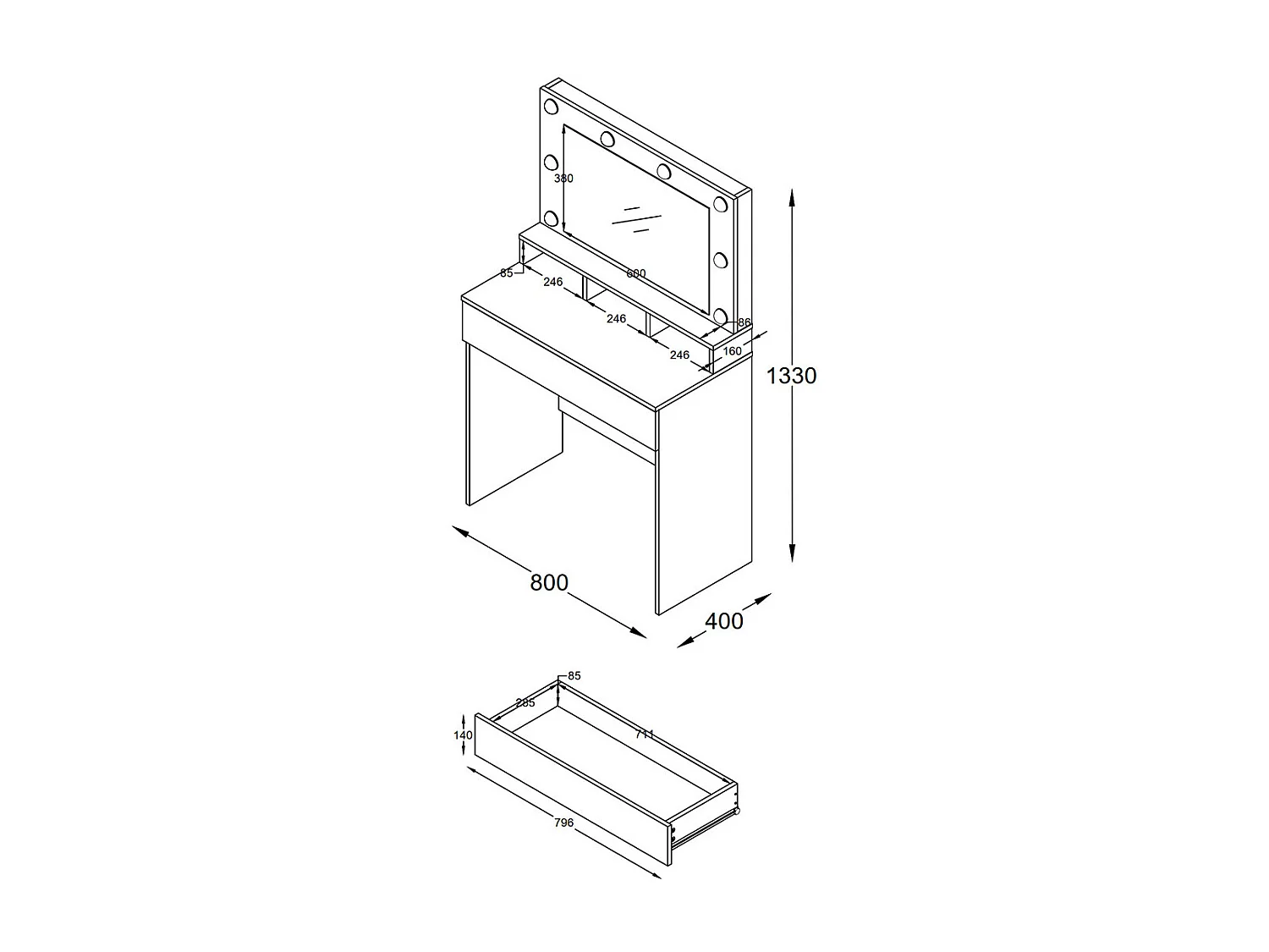VCM Hairdressing Table | Dimensões aprox. A. 133 x L. 80 x P. 40 cm | Mesa de maquiagem com gaveta e espelho – Kosmal (carvalho branco / mel)