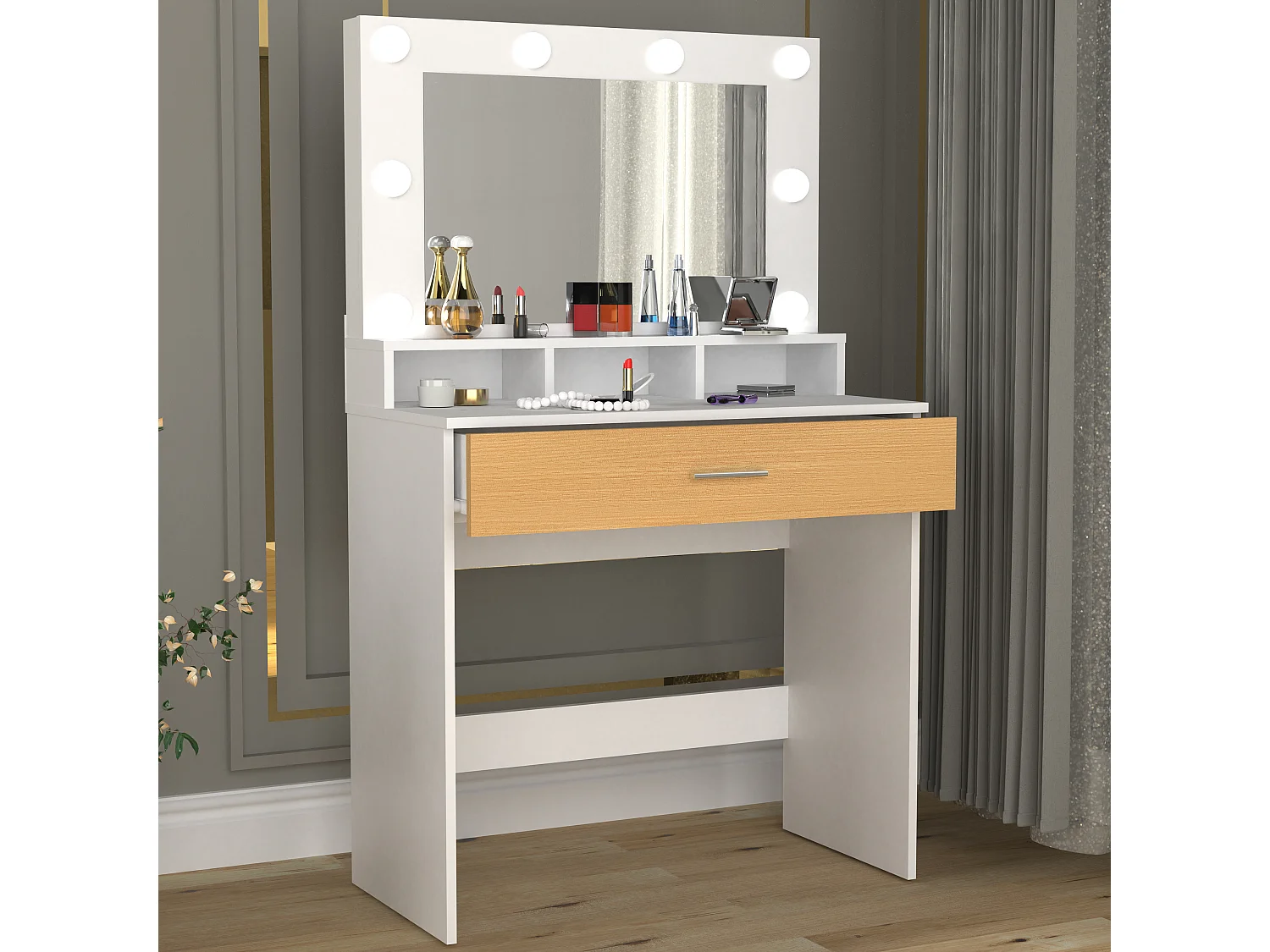 VCM Hairdressing Table | Dimensões aprox. A. 133 x L. 80 x P. 40 cm | Mesa de maquiagem com gaveta e espelho – Kosmal (carvalho branco / mel)