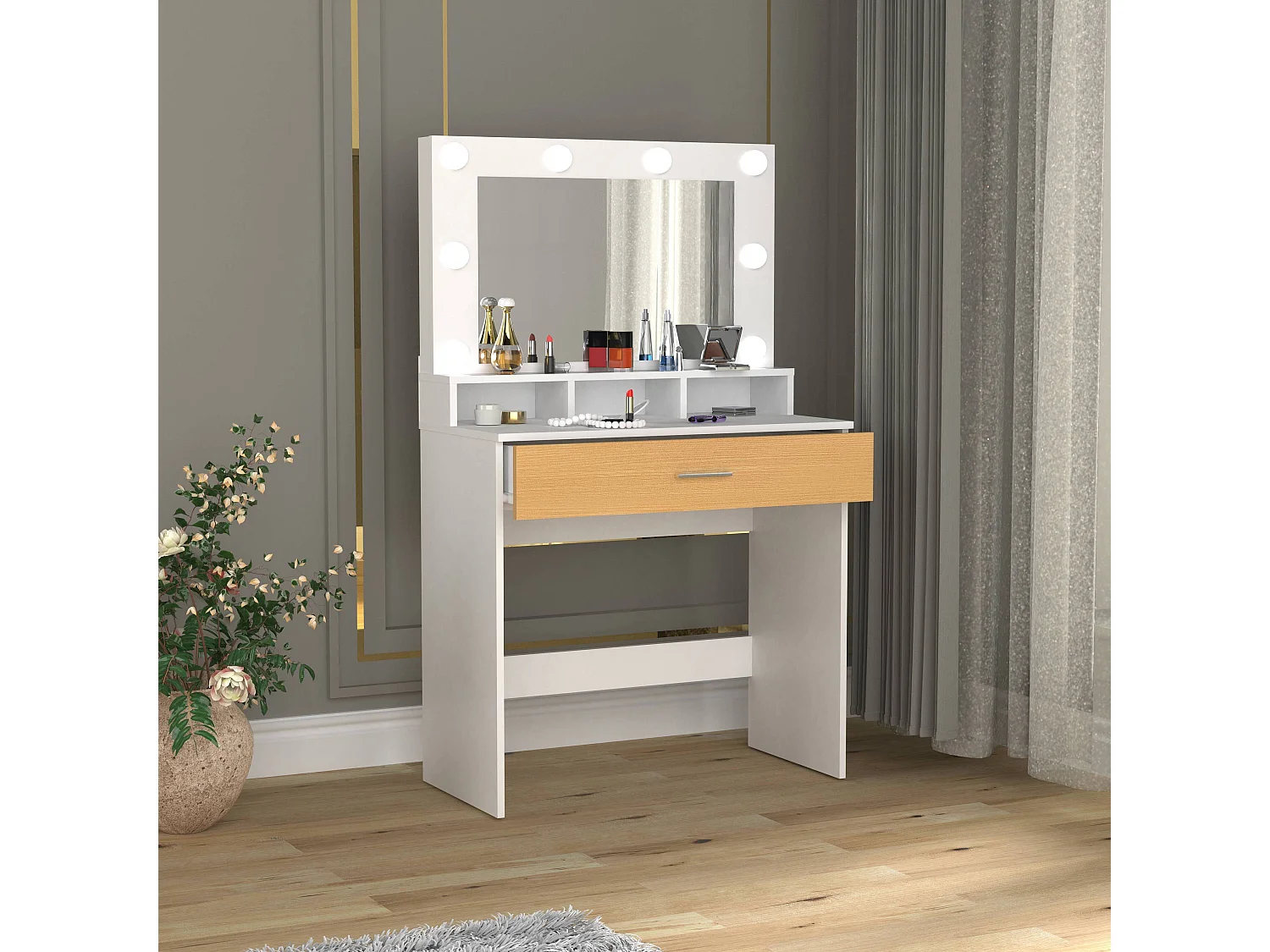 Makeup table Kosmal White / Honey oak H. 133 x W. 80 x D. 40 cm