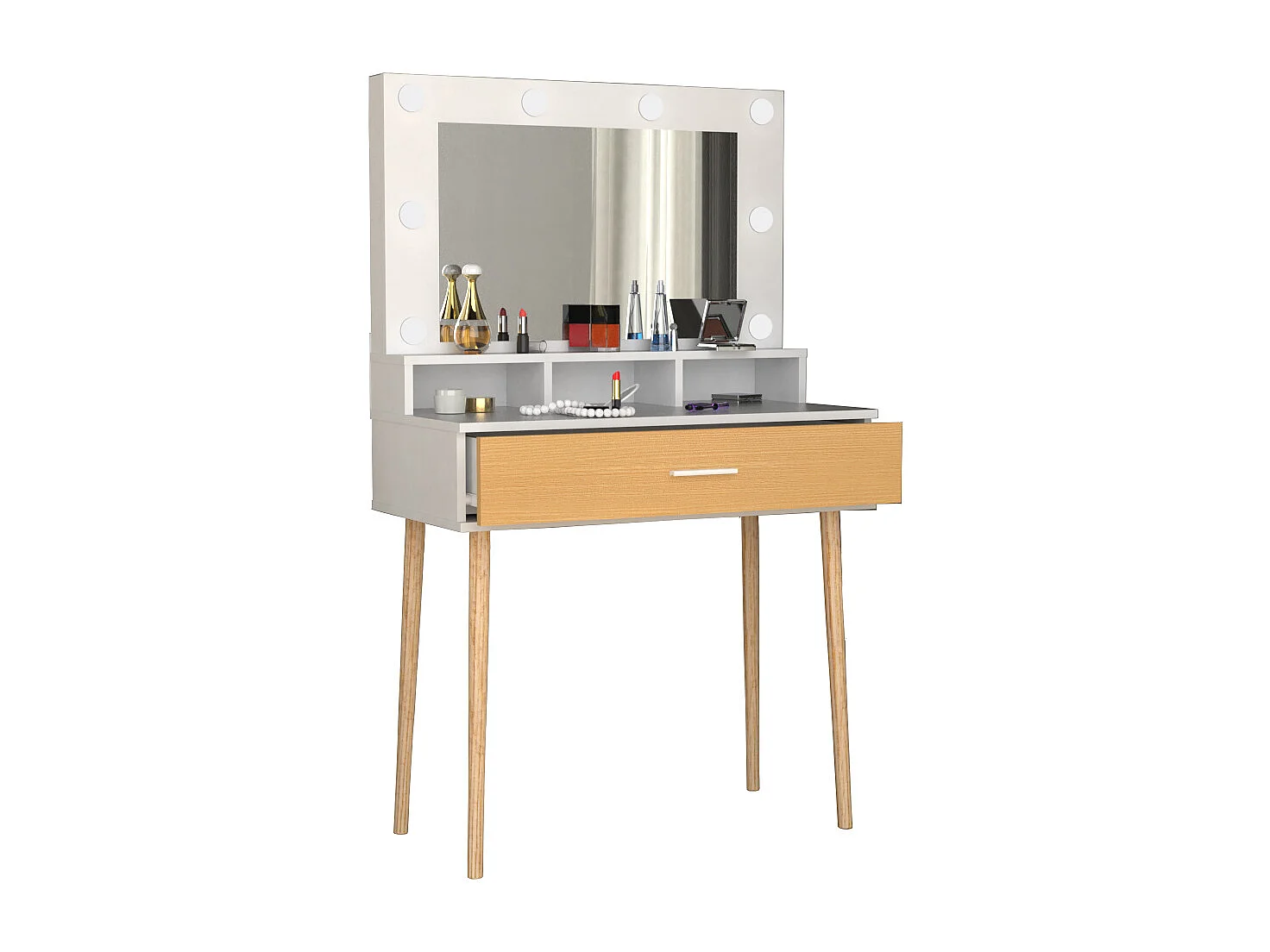 VCM Hairdressing Table | Dimensões aprox. A. 133 x L. 80 x P. 40 cm | Mesa de maquilhagem com gaveta e espelho | Mesa cosmética - Lindas (Branco / Carvalho Mel)