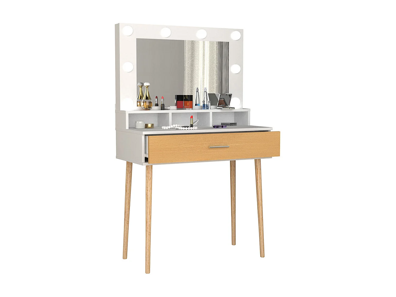 VCM Hairdressing Table | Dimensões aprox. A. 133 x L. 80 x P. 40 cm | Mesa de maquilhagem com gaveta e espelho | Mesa cosmética - Lindas (Branco / Carvalho Mel)