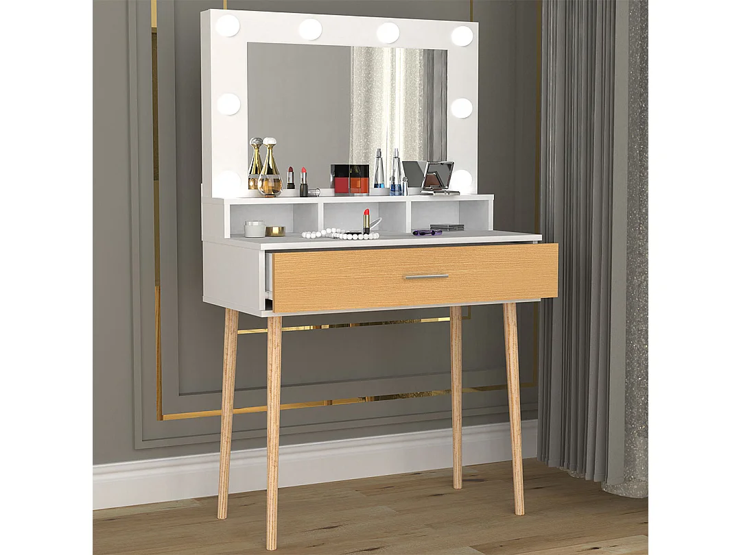 VCM Hairdressing Table | Dimensões aprox. A. 133 x L. 80 x P. 40 cm | Mesa de maquilhagem com gaveta e espelho | Mesa cosmética - Lindas (Branco / Carvalho Mel)