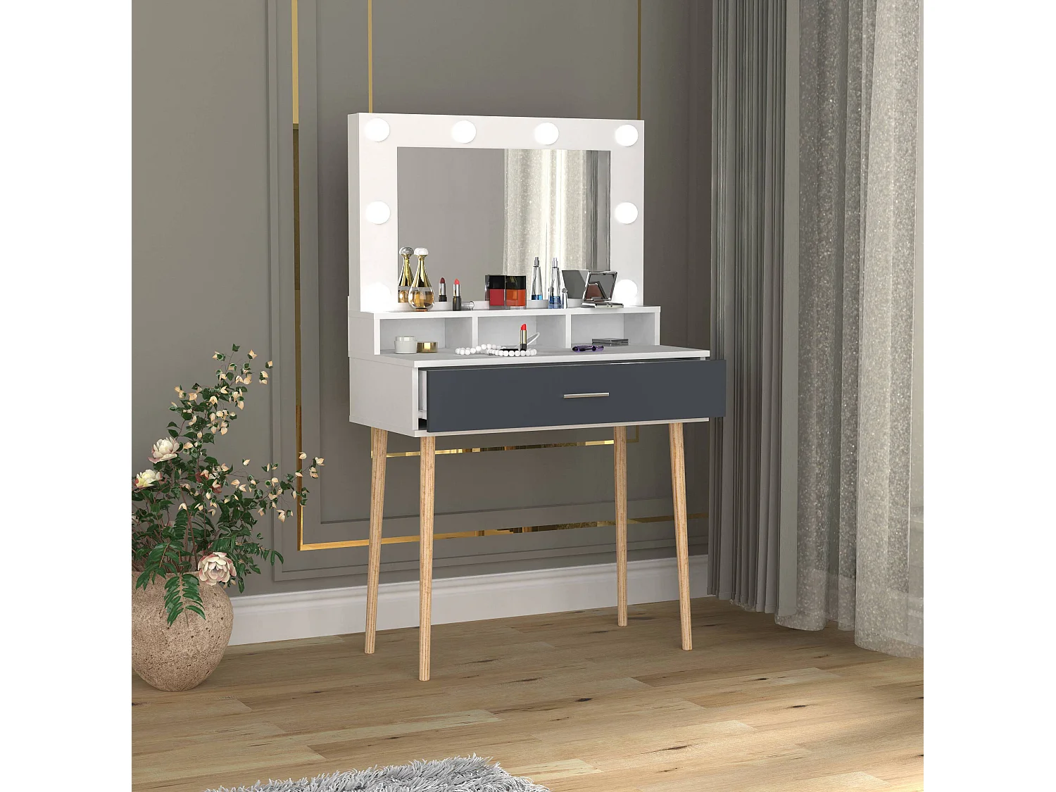 Makeup table Lindas White / Anthracite H. 133 x W. 80 x D. 40 cm