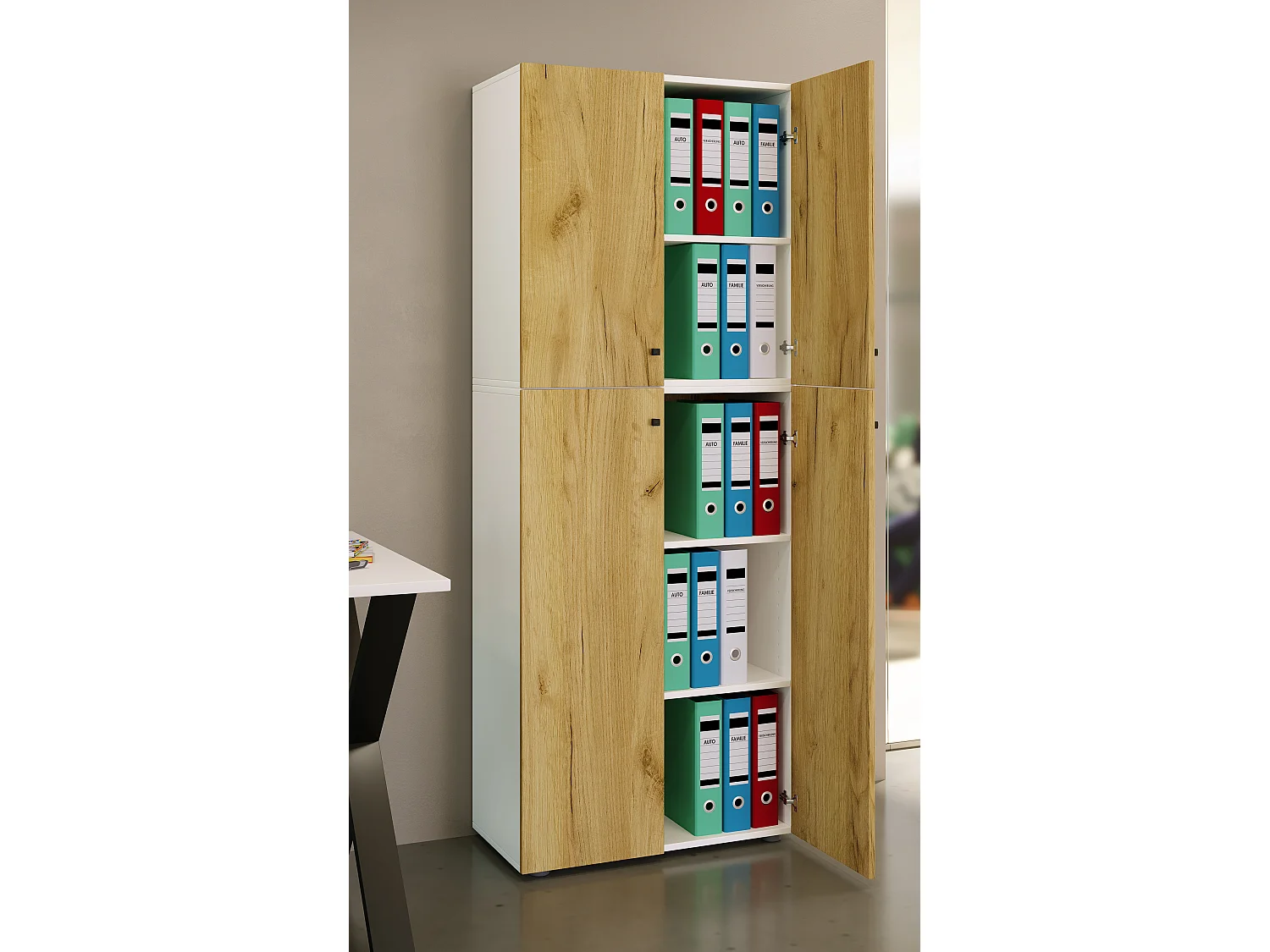 Office cabinet Lona White / Honey oak W. 70 x H. 184 x D. 40 cm