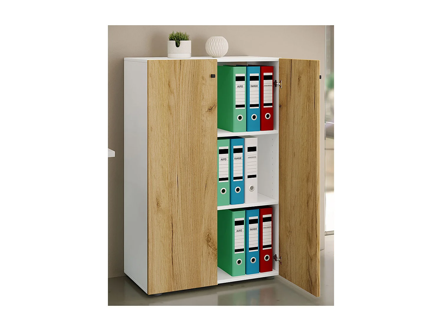 Office cabinet Lona White / Honey oak W. 70 x H. 111 x D. 38 cm