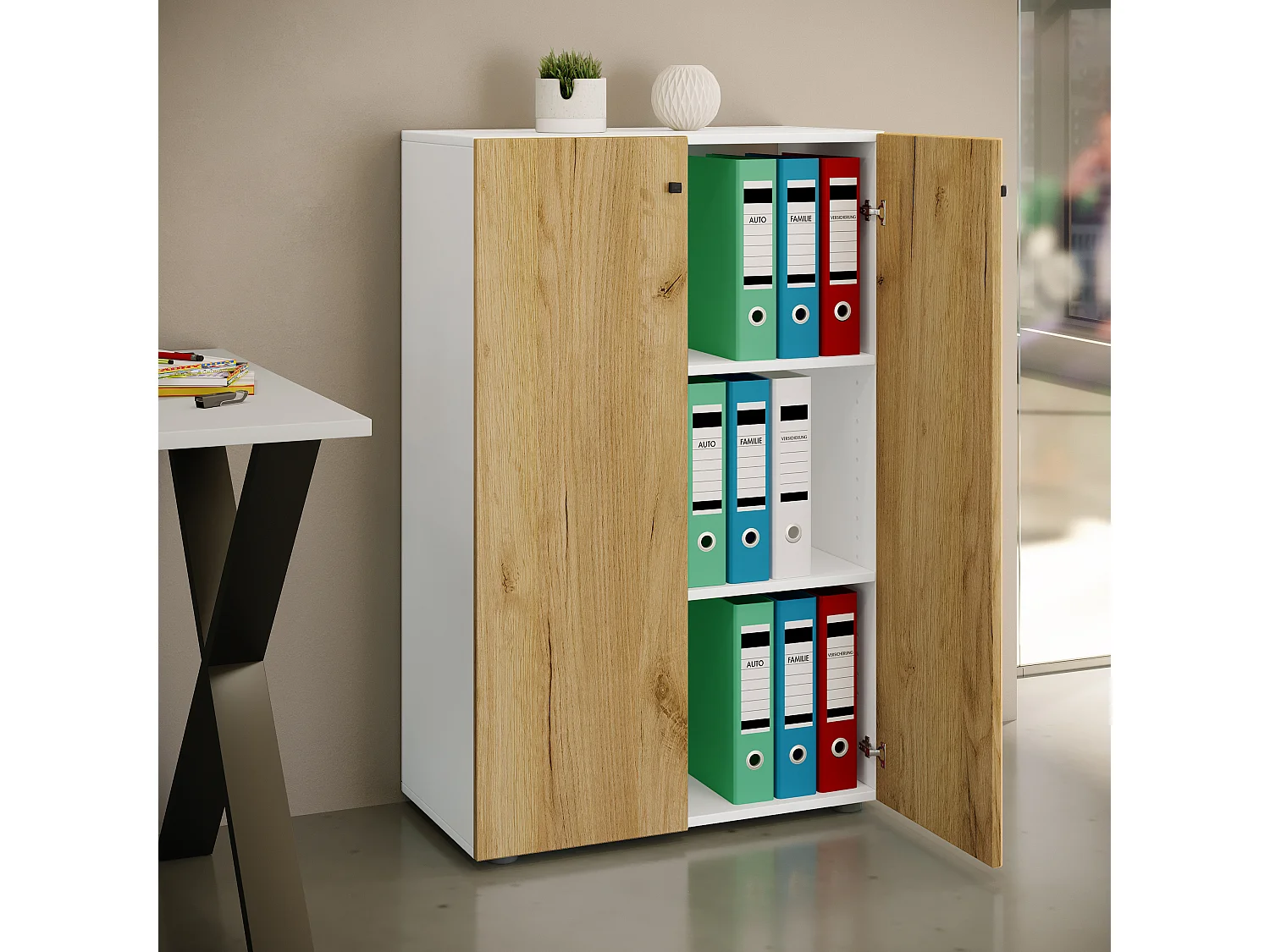 Office cabinet Lona White / Honey oak W. 70 x H. 111 x D. 38 cm