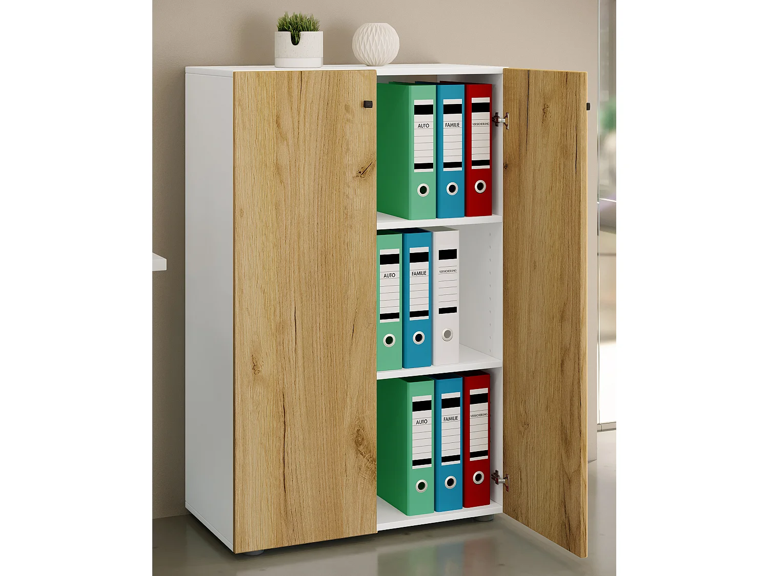 Office cabinet Lona White / Honey oak W. 70 x H. 111 x D. 38 cm