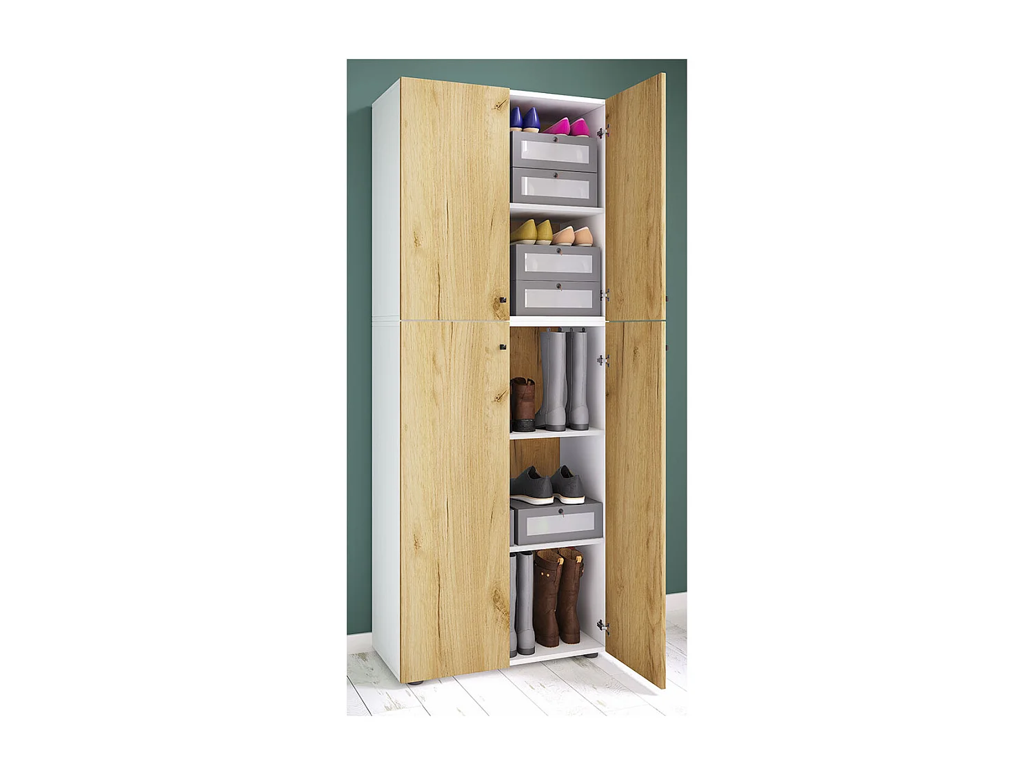 Shoe cabinet Lona White / Honey oak W. 70 x H. 184 x D. 40 cm