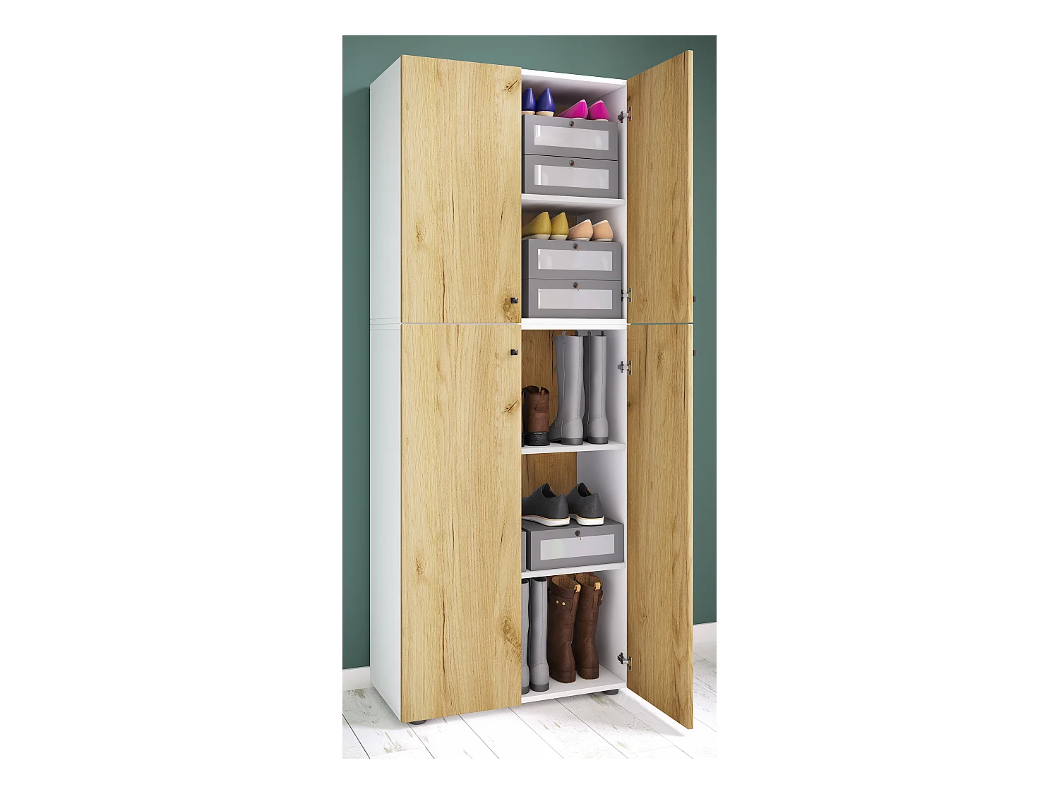 Shoe cabinet Lona White / Honey oak W. 70 x H. 184 x D. 40 cm