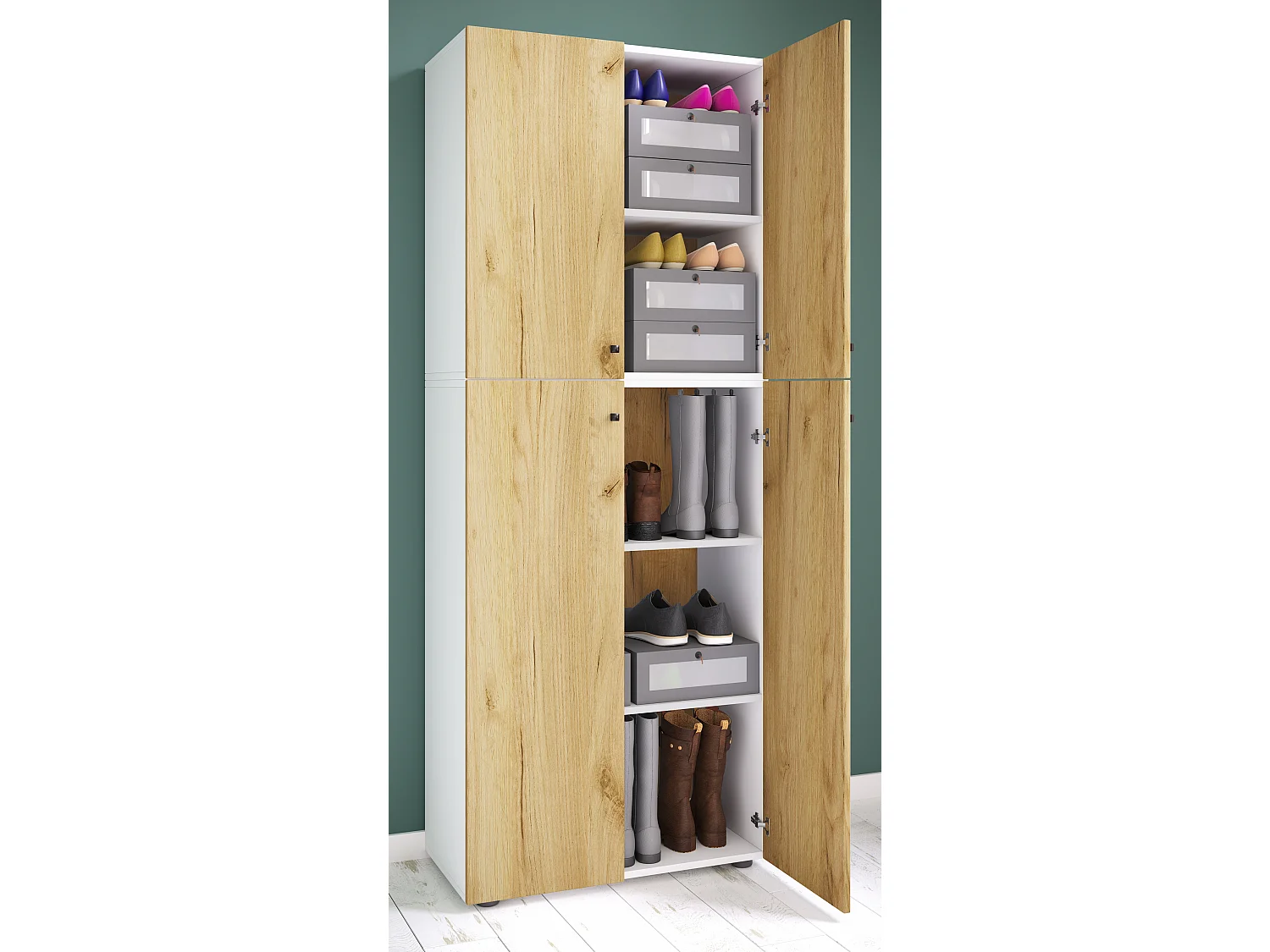 Shoe cabinet Lona White / Honey oak W. 70 x H. 184 x D. 40 cm