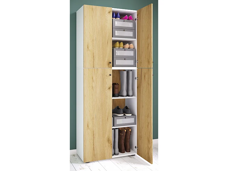 Shoe cabinet Lona White / Honey oak W. 70 x H. 184 x D. 40 cm