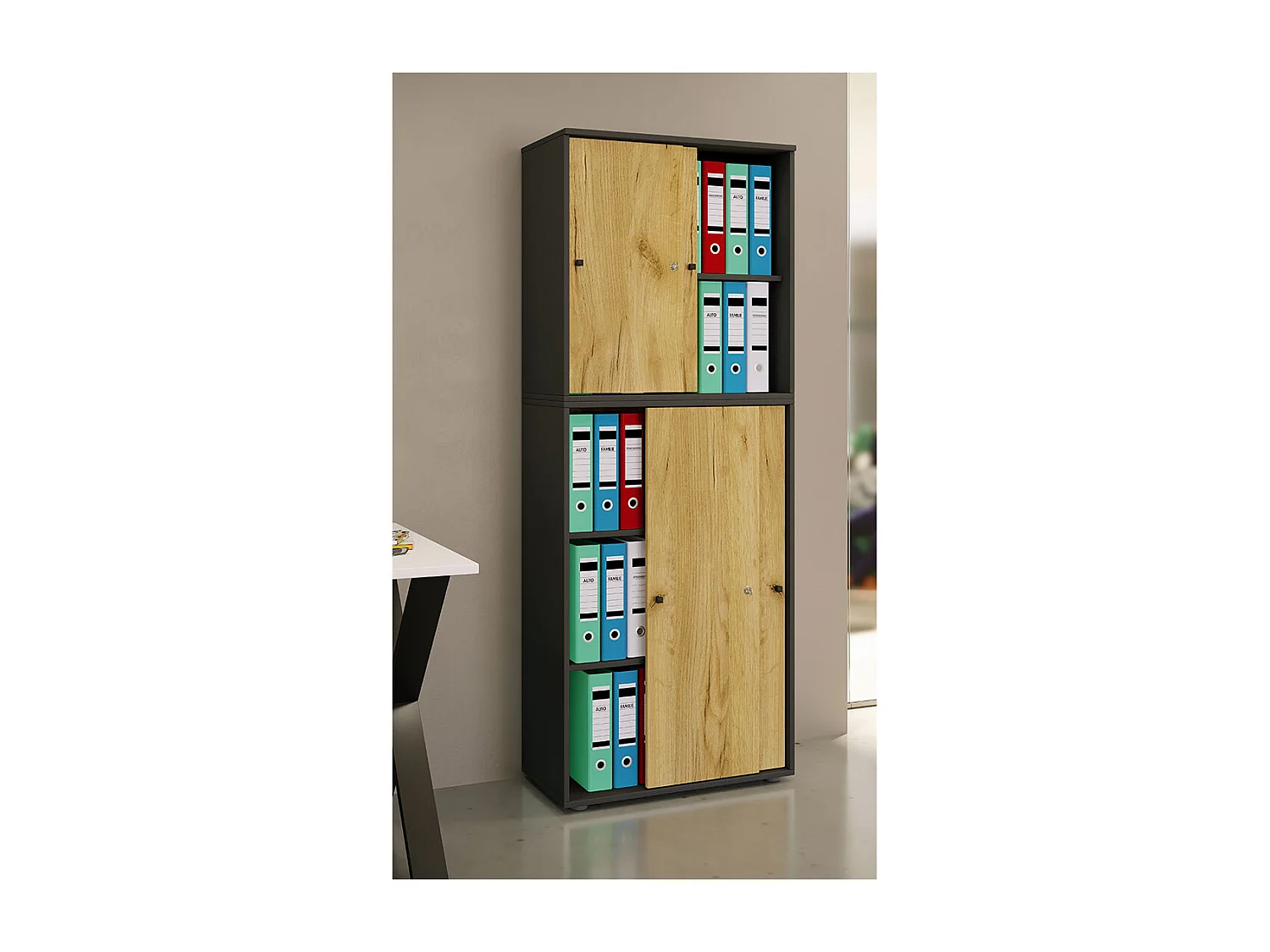 Office cabinet Lona Anthracite / honey oak W. 70 x H. 184 x D. 37 cm