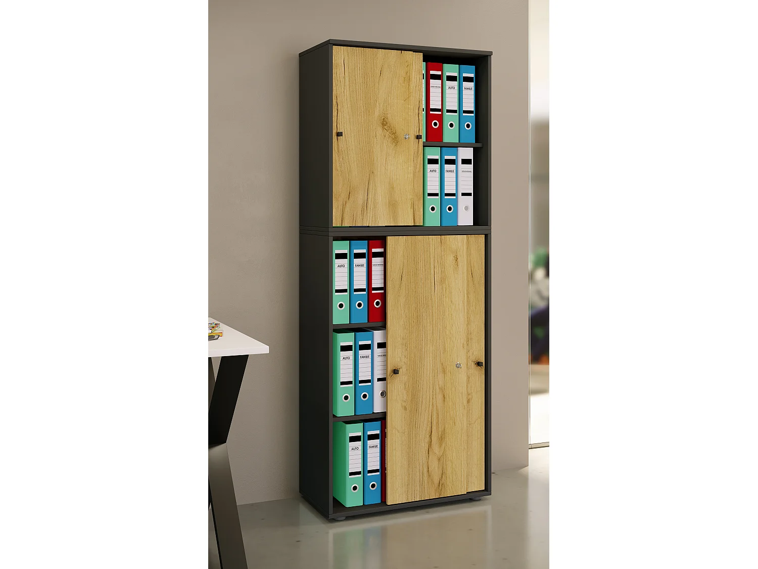 Office cabinet Lona Anthracite / honey oak W. 70 x H. 184 x D. 37 cm