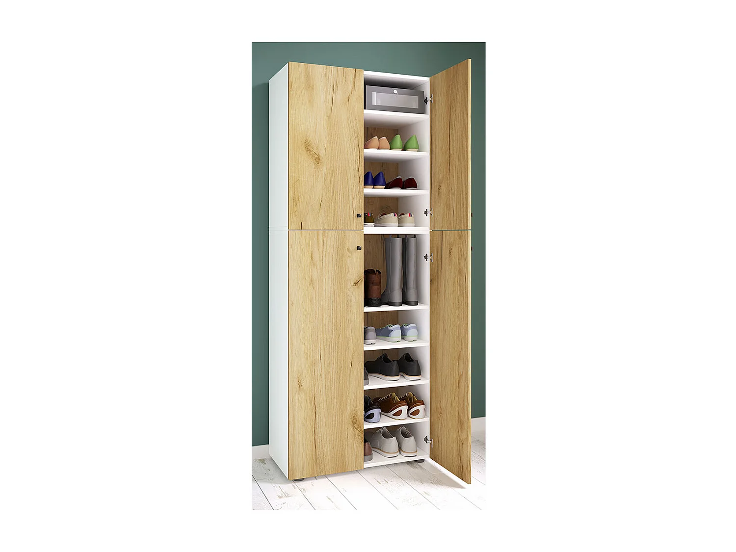 Shoe cabinet Lona White / Honey oak W. 70 x H. 184 x D. 40 cm