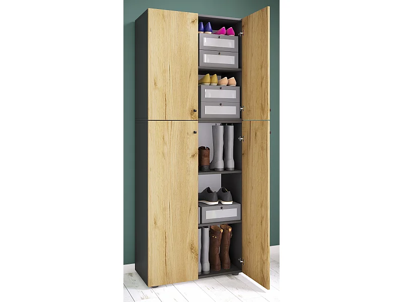 Shoe cabinet Lona Anthracite / honey oak W. 70 x H. 184 x D. 40 cm