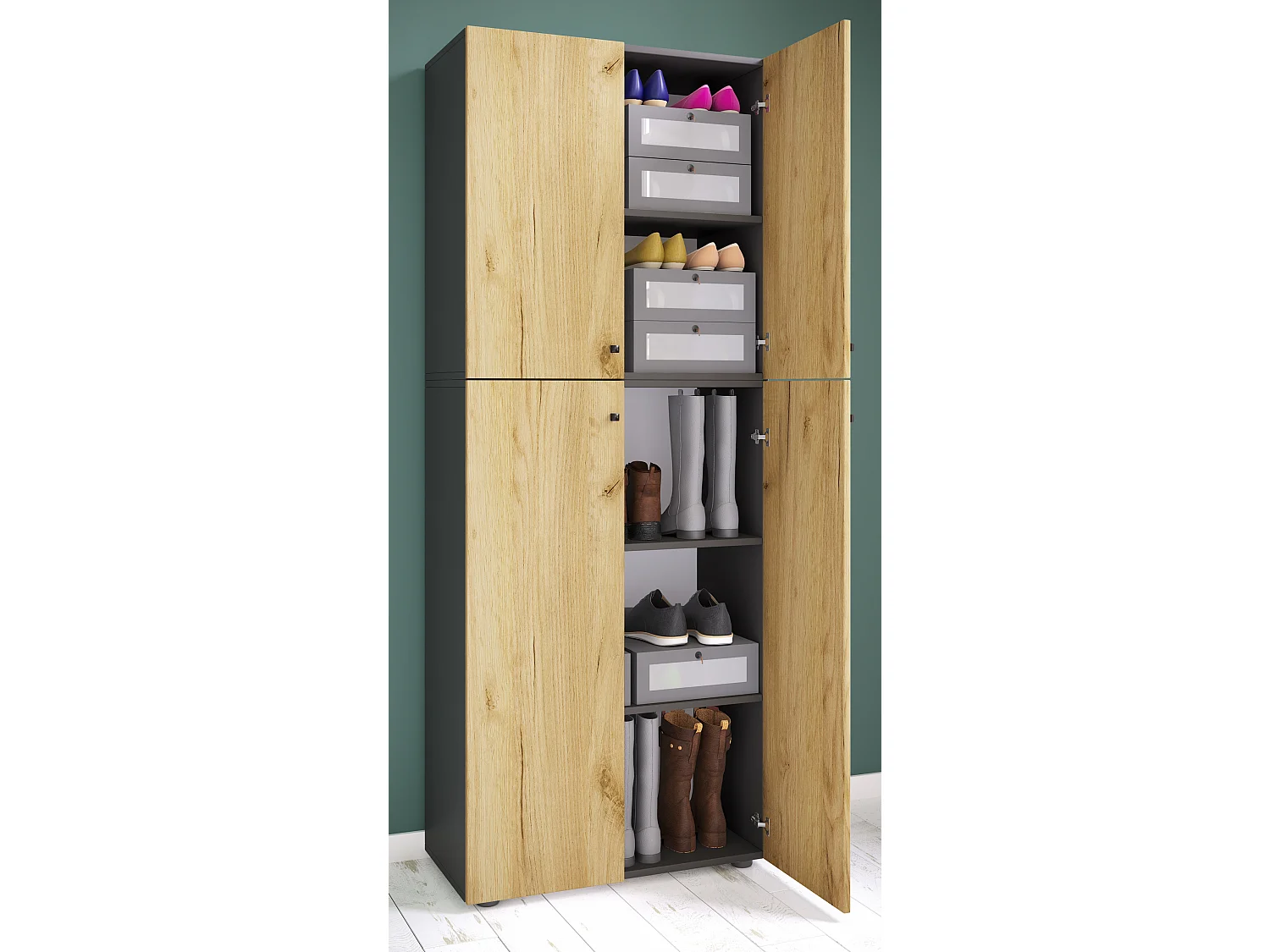 Shoe cabinet Lona Anthracite / honey oak W. 70 x H. 184 x D. 40 cm