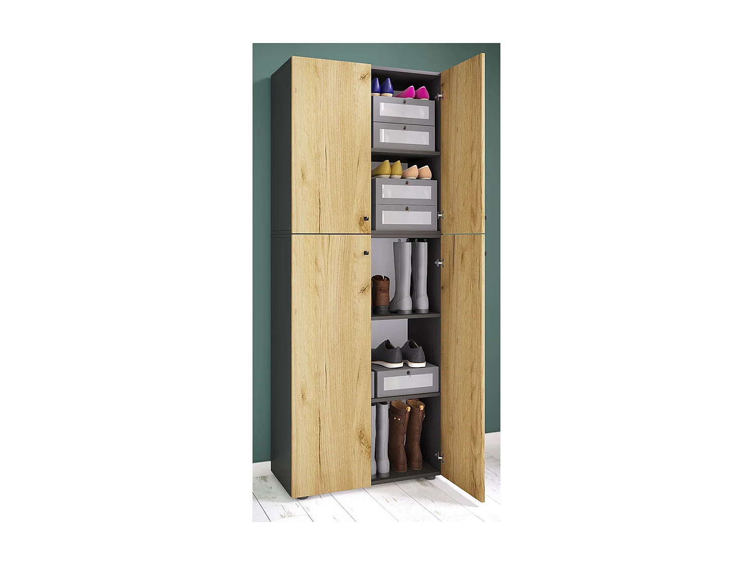 Shoe cabinet Lona Anthracite / honey oak W. 70 x H. 184 x D. 40 cm