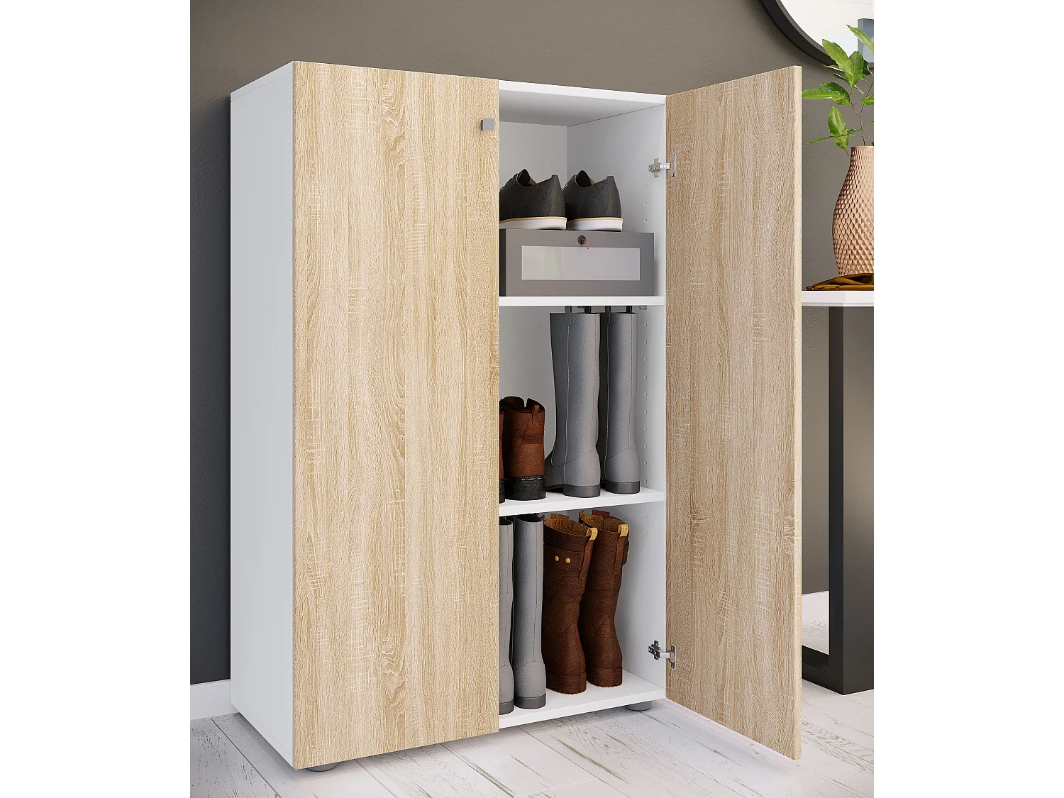 VCM XL Madeira Grande Sapato Gabinete Prateleira Grandes Botas Móveis de Piso Lona 3 Compartimentos (Branco / Sonoma Carvalho)