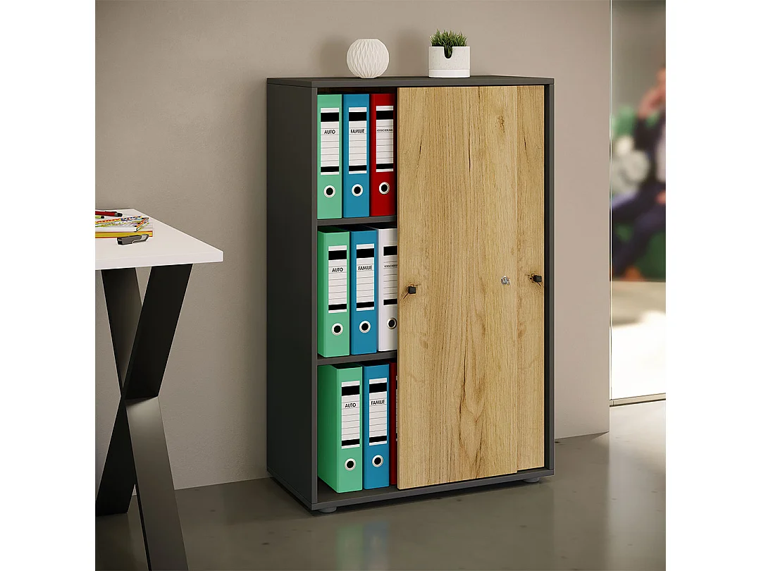 Office cabinet Lona Anthracite / honey oak W. 70 x H. 111 x D. 40 cm