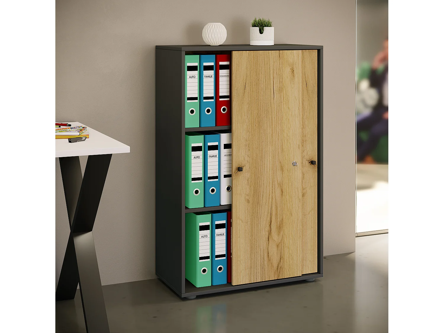 Office cabinet Lona Anthracite / honey oak W. 70 x H. 111 x D. 40 cm