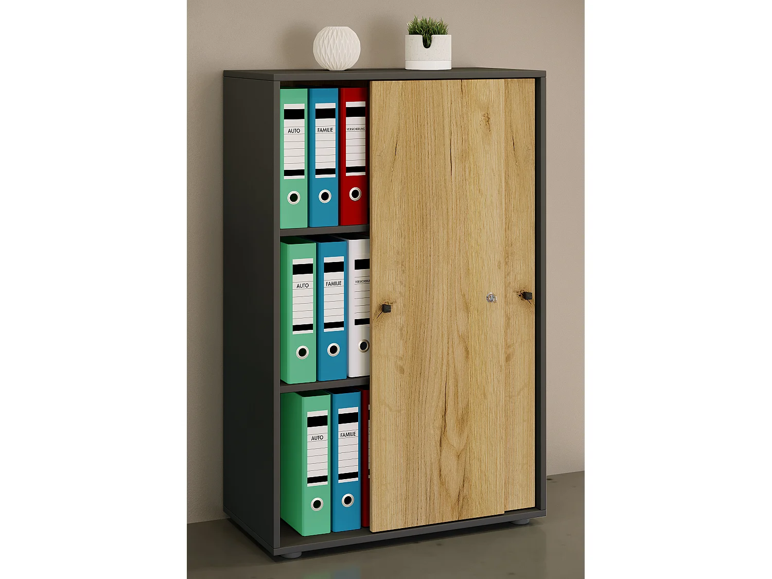 Office cabinet Lona Anthracite / honey oak W. 70 x H. 111 x D. 40 cm