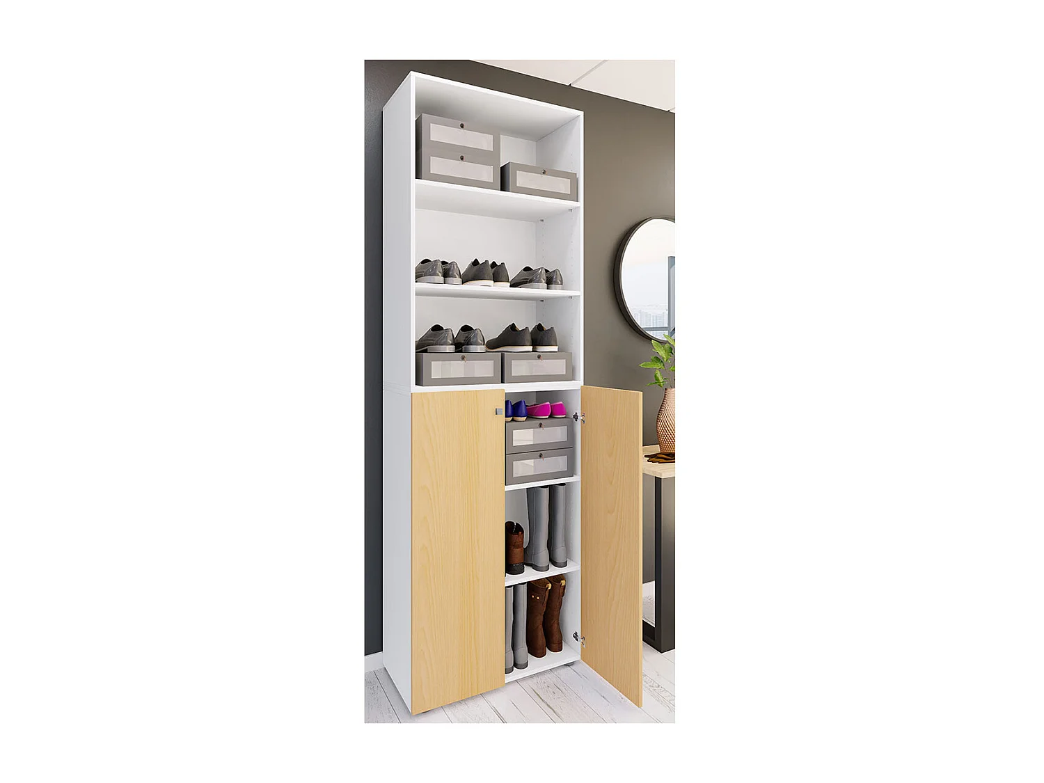 Shoe cabinet Lona White / Beech H. 220 x W. 70 x D. 40cm