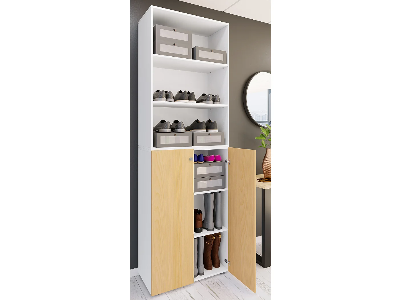 Shoe cabinet Lona White / Beech H. 220 x W. 70 x D. 40cm