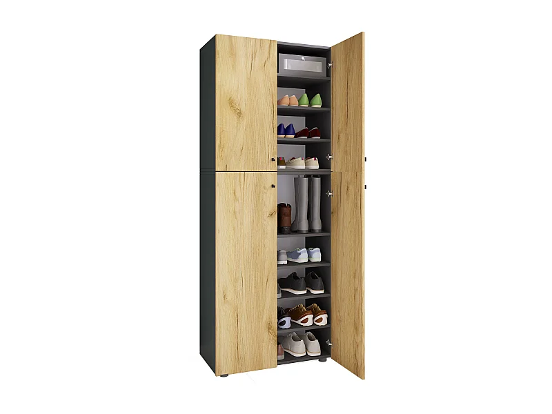 Shoe cabinet Lona Anthracite / honey oak W. 70 x H. 184 x D. 40 cm