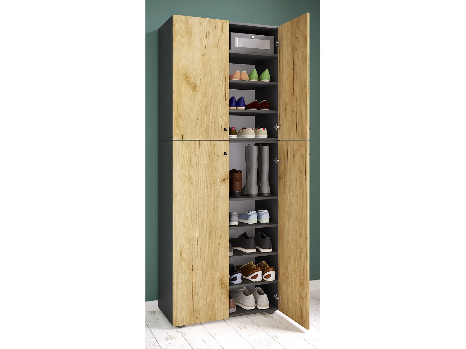 Shoe cabinet Lona Anthracite / honey oak W. 70 x H. 184 x D. 40 cm