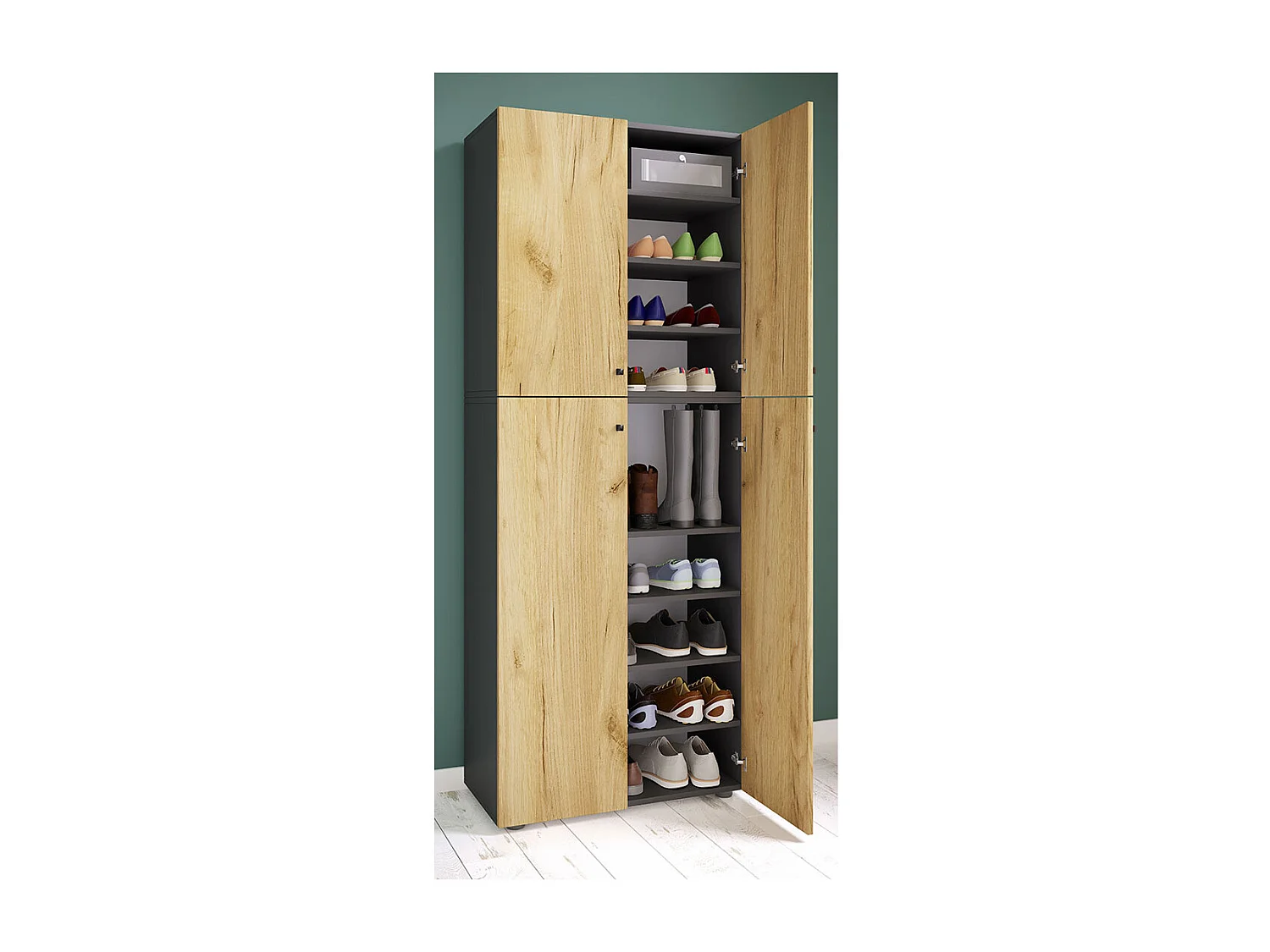 Shoe cabinet Lona Anthracite / honey oak W. 70 x H. 184 x D. 40 cm