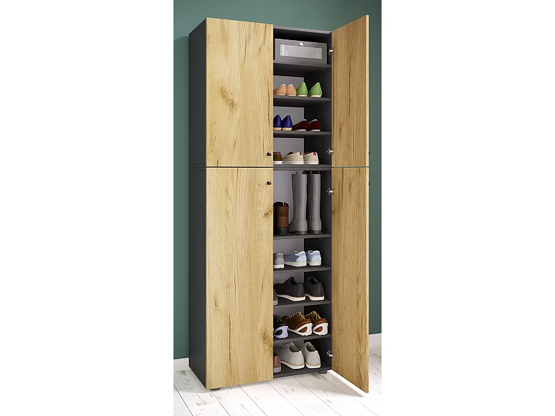 Shoe cabinet Lona Anthracite / honey oak W. 70 x H. 184 x D. 40 cm