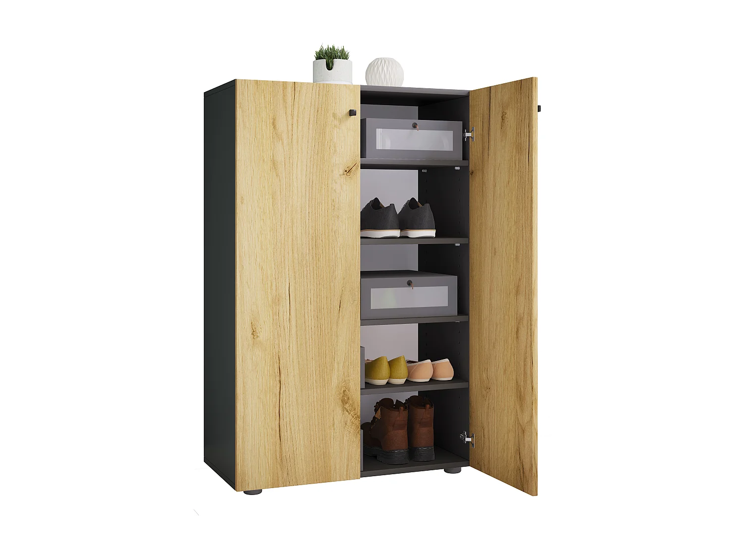 Shoe cabinet Lona Anthracite / honey oak H. 110 x W. 70 x D. 39 cm