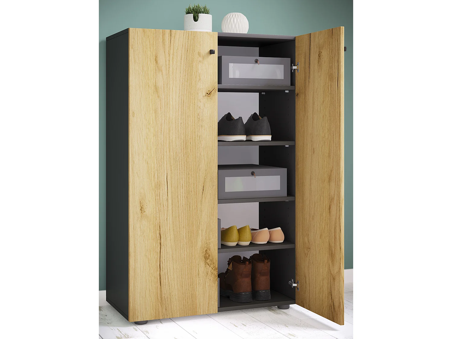 Shoe cabinet Lona Anthracite / honey oak H. 110 x W. 70 x D. 39 cm