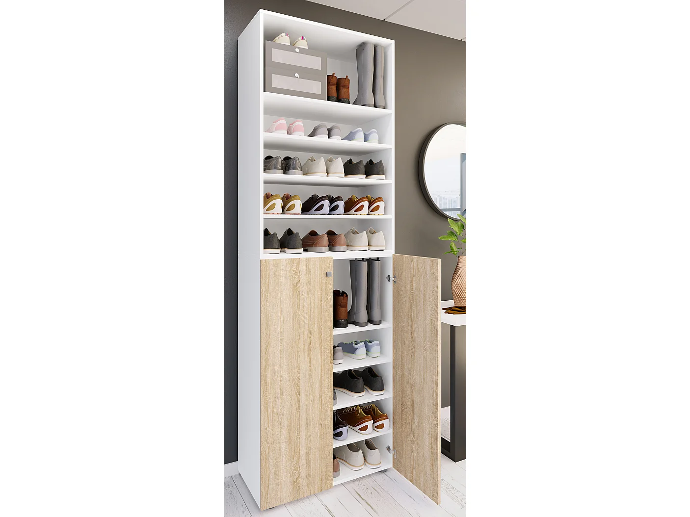 Shoe cabinet Lona White / Sonoma oak H. 220 x W. 70 x D. 40cm