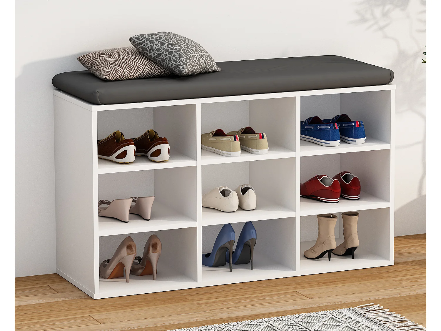 Prateleira de sapato de madeira VCM | Dimensões aprox. A. 50 x L. 80 x P. 30 cm | Sapatilhas com 9 compartimentos | Armário para sapatos - Hinsol XS (Branco)